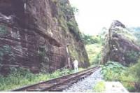 Escarpas do canion com estratificações cruzadas de grande porte ao longo da linha férrea. Fuezi, V.M.S, 2010.