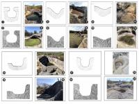 Figura - 1- croqui elaborado e confeccionado em campo, B2- vetorização de plano em 2D, 3 e 4- plano real de marmita com formato em bordas suspensas, a Figura -5 – croqui elaborado e confeccionado em campo, 6 – vetorização de plano em 2D, 7 e 8- plano real de marmita com formato em fundo côncavo ou panela, a Figura - 9 – croqui elaborado e confeccionado em campo, 10 – vetorização de plano em 2D, 11 e 12- plano real de marmita com formato em borda suave. a Figura - 13 – croqui elaborado e confeccionado em campo, 14- vetorização de plano em 2D, 15 e 16- plano real de marmita com formato em poltrona e a figura - 17 – croqui elaborado e confeccionado em campo, 18 – vetorização de plano em 2D, 19 e 20- plano real de marmita com formato em caldeirão ou poço.